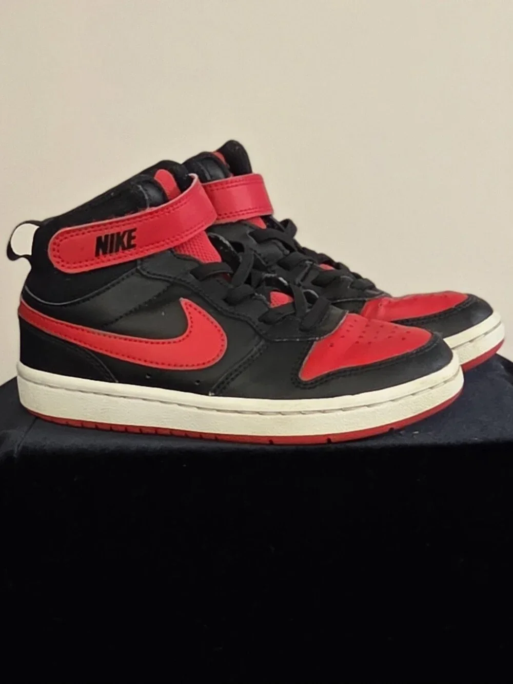 Boys Nike Black and Red High-Top Sneakers with Velcro Strap Closure